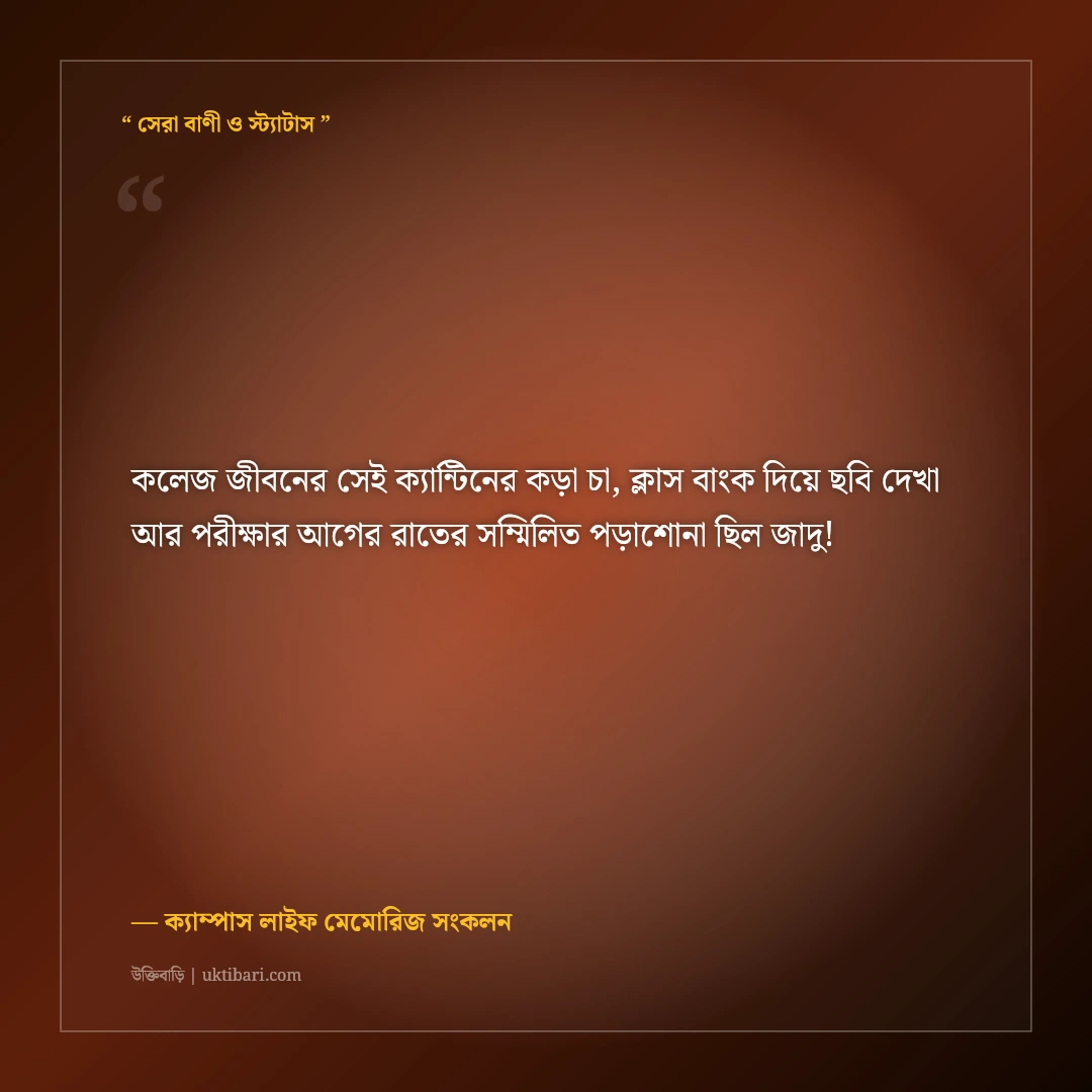 কলেজ জীবনের আড্ডা ও বন্ধুদের নিয়ে স্ট্যাটাস: ক্যাম্পাসের ৫০+ সোনালী স্মৃতির ক্যাপশন [২০২৬] - ক্যাম্পাস লাইফ মেমোরিজ সংকলন এর সেরা উক্তি ফটো কার্ড