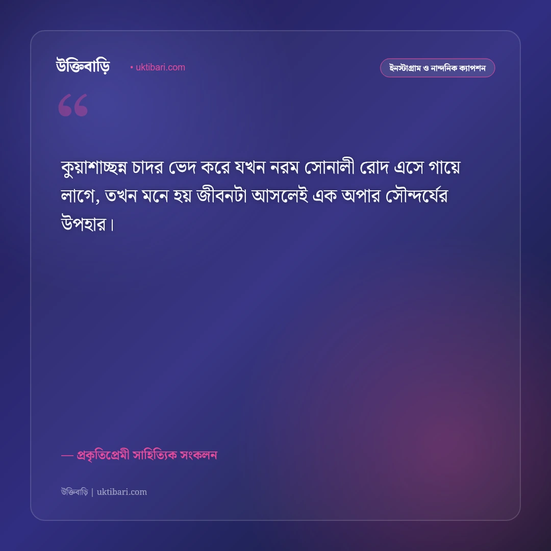 শীতের সকালের কুয়াশা ও মিষ্টি রোদের ক্যাপশন: স্নিগ্ধ শীতের ভোরের ৫০+ নান্দনিক ফেসবুক স্ট্যাটাস [২০২৬] - প্রকৃতিপ্রেমী সাহিত্যিক সংকলন এর সেরা উক্তি ফটো কার্ড